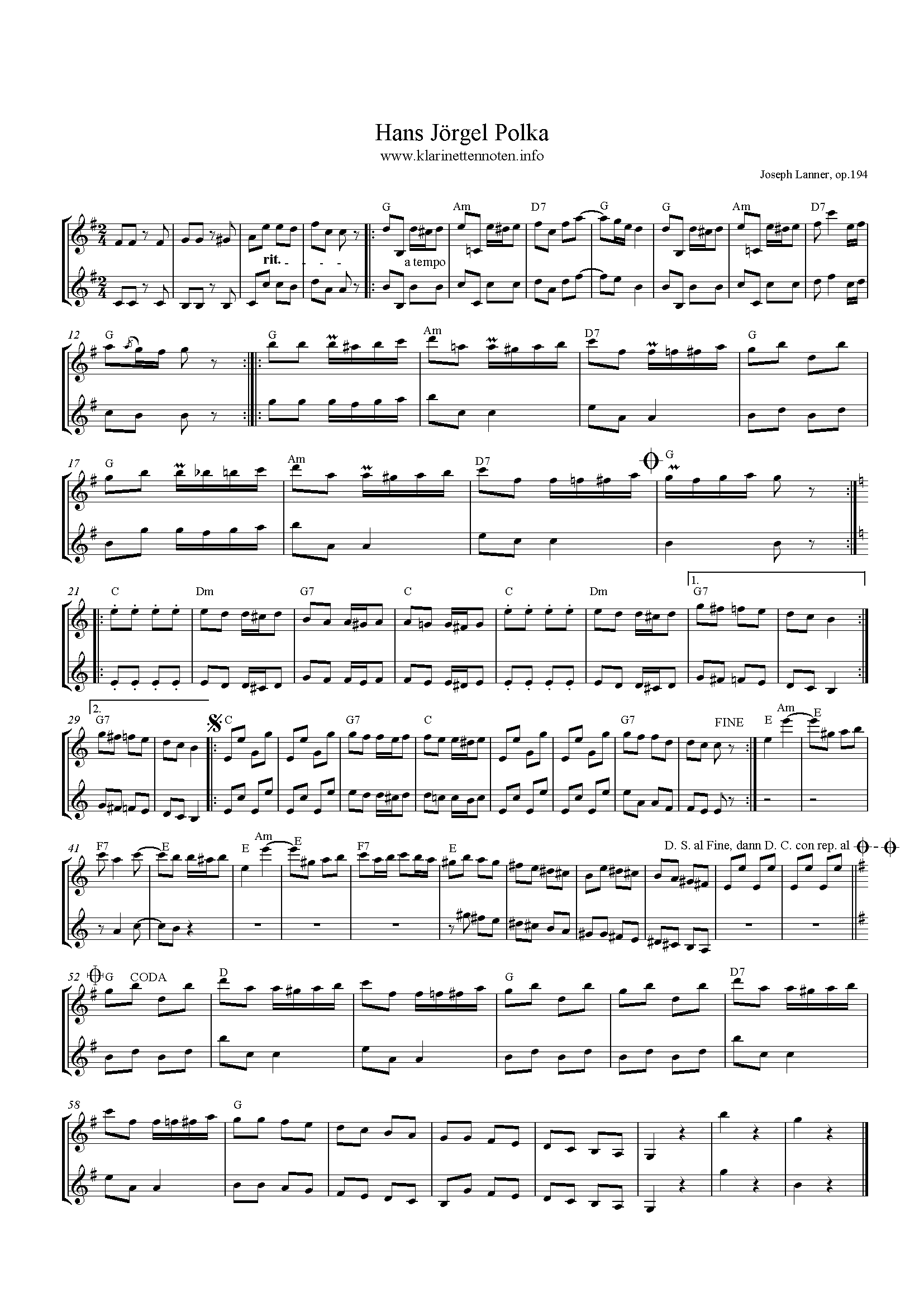 Hans Jörgel Polka op. 194, Joseph Lanner Noten